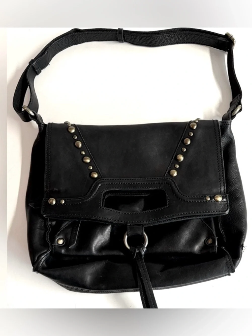 Lucky Brand Abbey fold over black leather studded messenger bag.Very Clean.